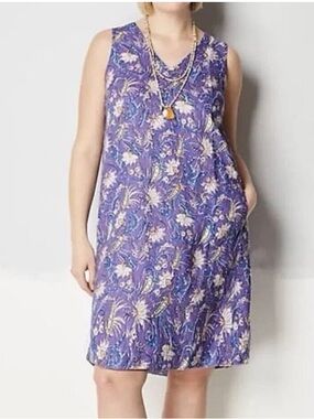 J Jill Linen Purple Floral Shift Dress Womens Small Tall Casual Travel Vacation